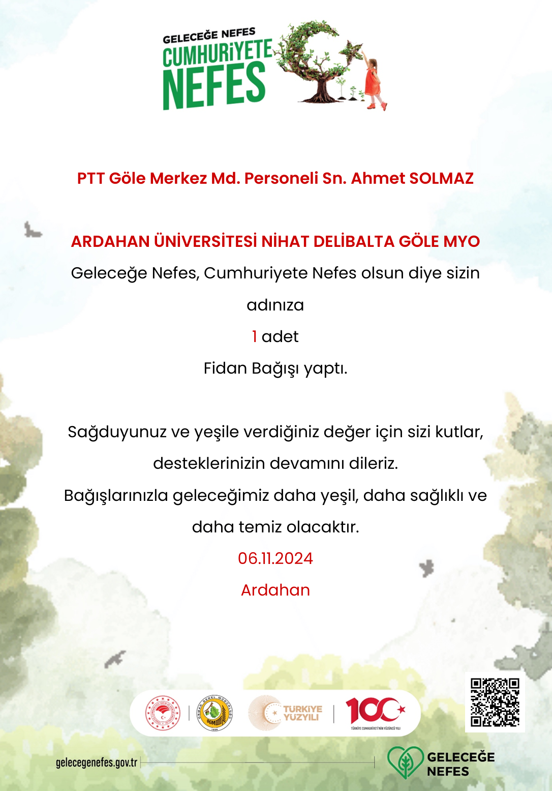 Etkinlik - PTT Haftası Kapsamında PTT Çalışanları Adına Fidan Bağışı